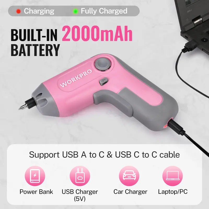 WORKPRO 3.6V Offset-Shaft Cordless Screwdriver  22-Piece Bit Set in Pink Ribbon Packaging