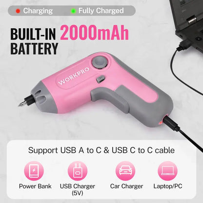WORKPRO 3.6V Offset-Shaft Cordless Screwdriver  22-Piece Bit Set in Pink Ribbon Packaging