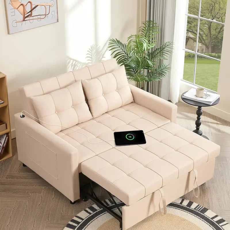 52-Inch 3-in-1 Convertible Sofa Bed  Pull-Out Sleeper, Adjustable Backrest & Side Storage Pockets (Dark Grey Linen)