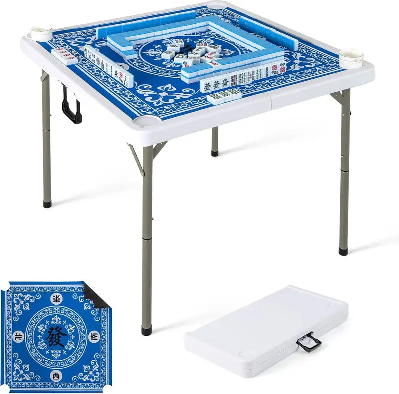 Mahjong-Friendly Folding Card Table — 35-Inch Square HDPE Surface with Cup Holders & Mat
