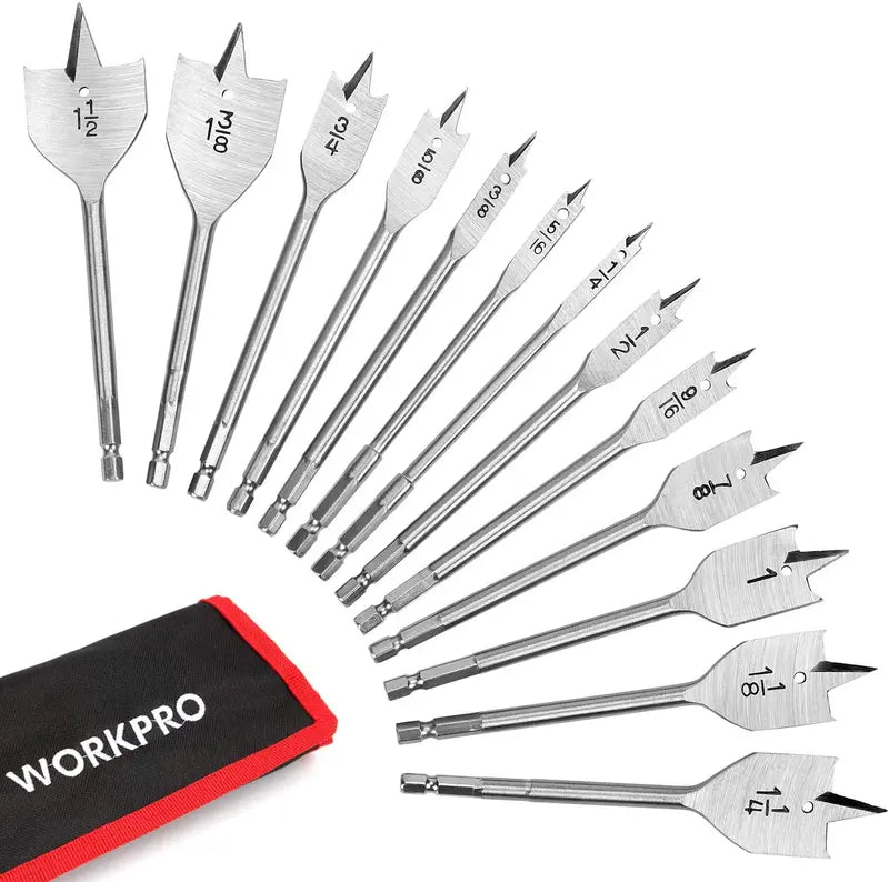 WORKPRO 13-Piece SAE Spade Drill Bit Set with Nylon Pouch