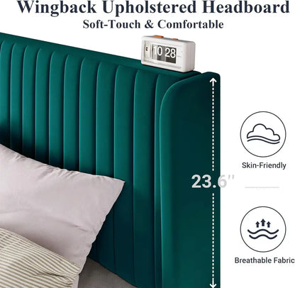 Allewie Full Size Velvet Wingback Bed  Channel-Tufted Upholstered Frame with Vertical Headboard