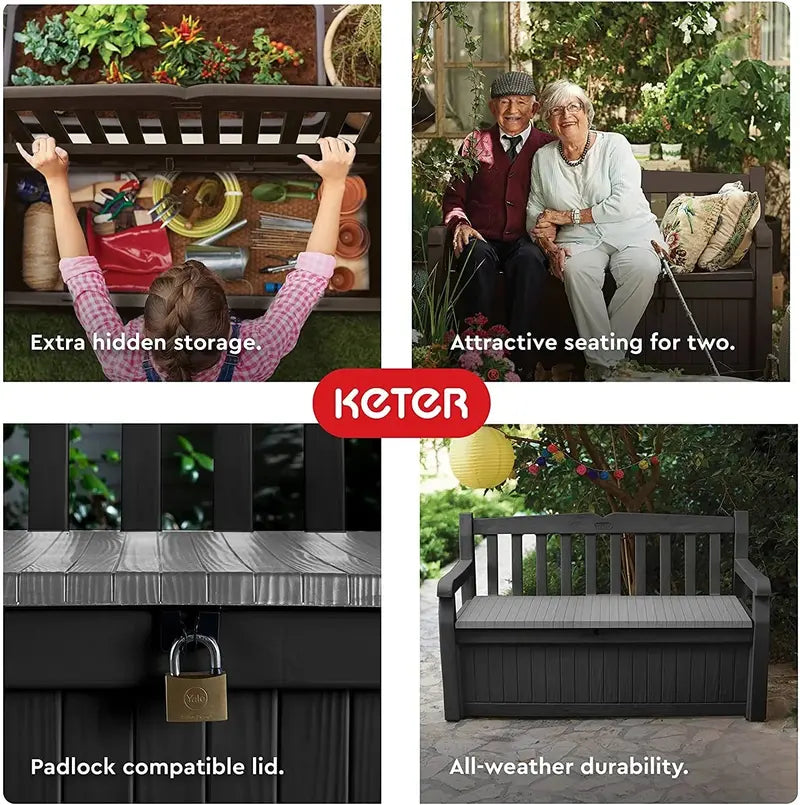 Keter Solana 70-Gallon Outdoor Storage Bench  Weather-Resistant Deck Box for Patio & Garden Gear