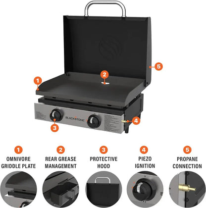 22-Inch Stainless Steel Tabletop Griddle  Hooded Flat Top Grill with Black Powder-Coated Frame for Indoor/Outdoor Use