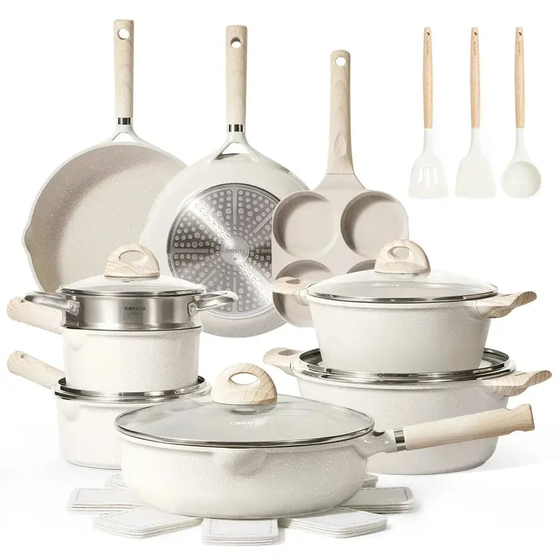21-Piece Granite-Coated Nonstick Cookware Set  Induction-Compatible, Beige Finish