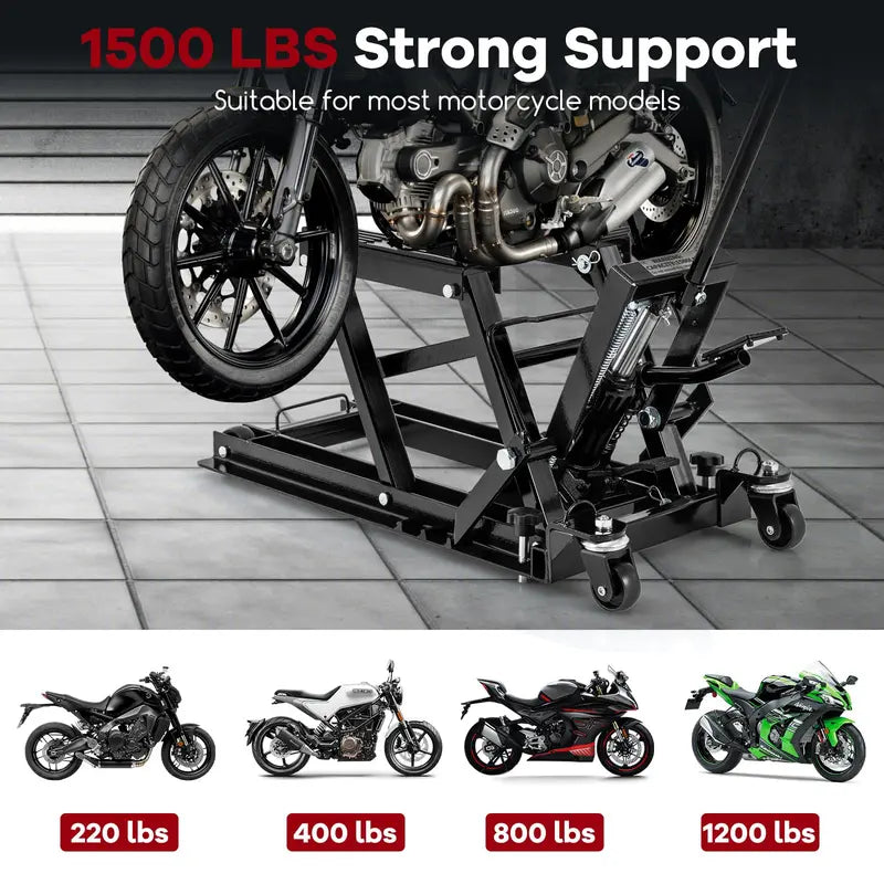 Heavy-Duty Hydraulic Motorcycle Lift  1500 LB Capacity with Footplates & Extended Handle