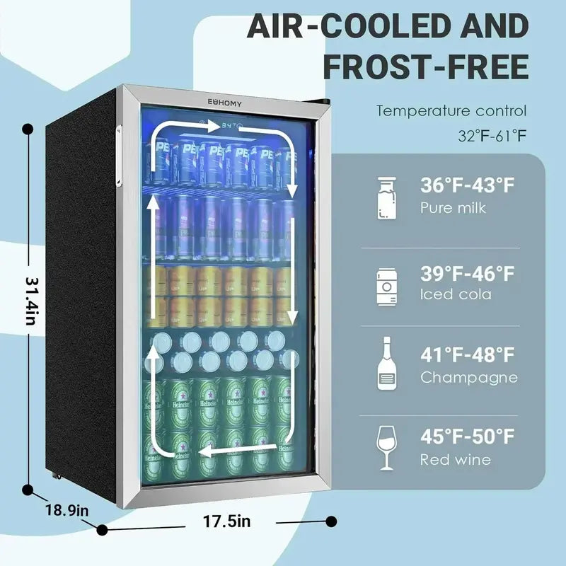 EUHOMY Beverage Refrigerator  130-Can Glass-Door Mini Fridge for Soda, Beer & Drinks