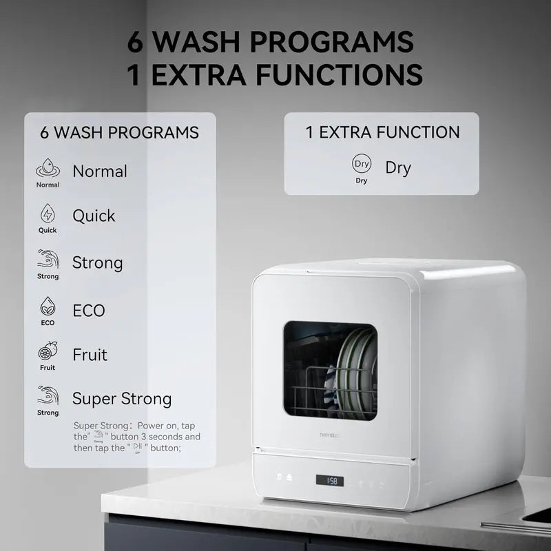 Hermitlux Countertop Mini Dishwasher  7-Program Portable Unit with 5L Built-in Tank, LED Display, Glass Door, No Plumbing Required
