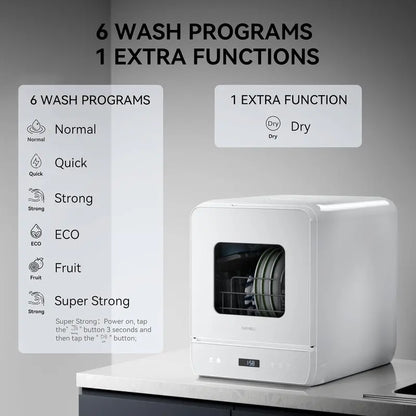 Hermitlux Countertop Mini Dishwasher  7-Program Portable Unit with 5L Built-in Tank, LED Display, Glass Door, No Plumbing Required