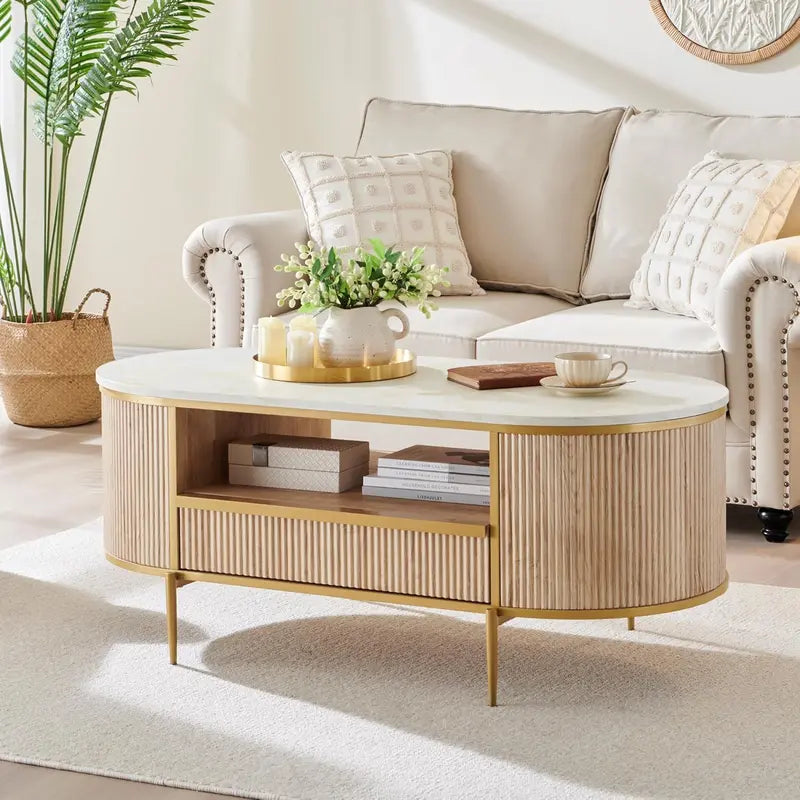 OKD Luxury Oval Coffee Table  48-Inch Grooved Design with Imitation Marble Top and Hidden Drawers
