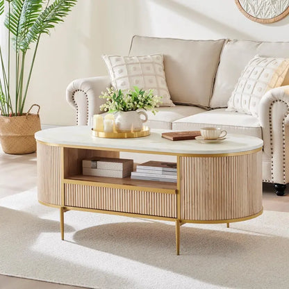 OKD Luxury Oval Coffee Table  48-Inch Grooved Design with Imitation Marble Top and Hidden Drawers