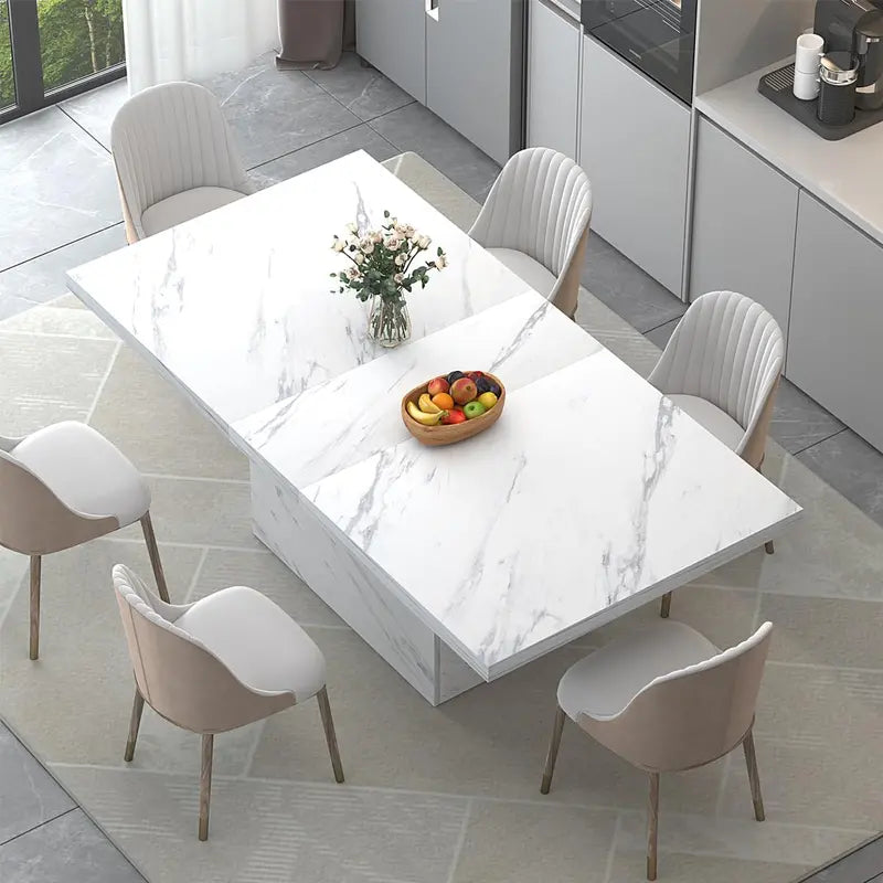 71-Inch White Faux Marble Dining Table  Modern Rectangle Table for 68, Farmhouse-Industrial Style with Sturdy Base