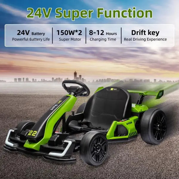 24V Electric Go-Kart for Outdoor Racing  300W Motor, Drift/Sport Mode, Adjustable Frame, EVA Tires (Green)