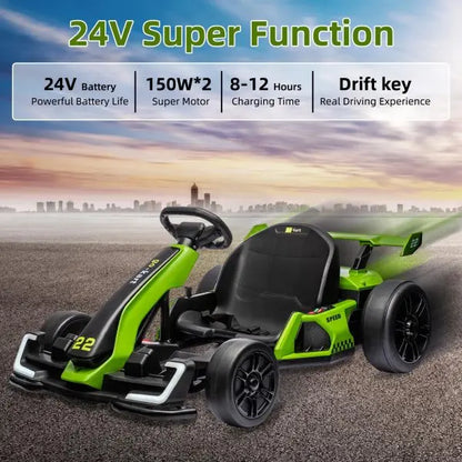 24V Electric Go-Kart for Outdoor Racing  300W Motor, Drift/Sport Mode, Adjustable Frame, EVA Tires (Green)