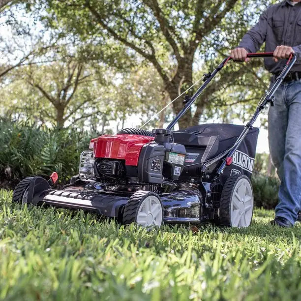 21-Inch 150cc Gas Push Lawn Mower Featuring Mow-N-Stow Storage Design