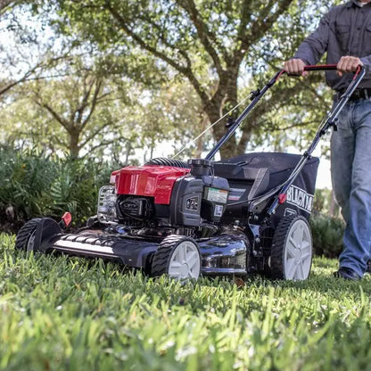 21-Inch 150cc Gas Push Lawn Mower Featuring Mow-N-Stow Storage Design