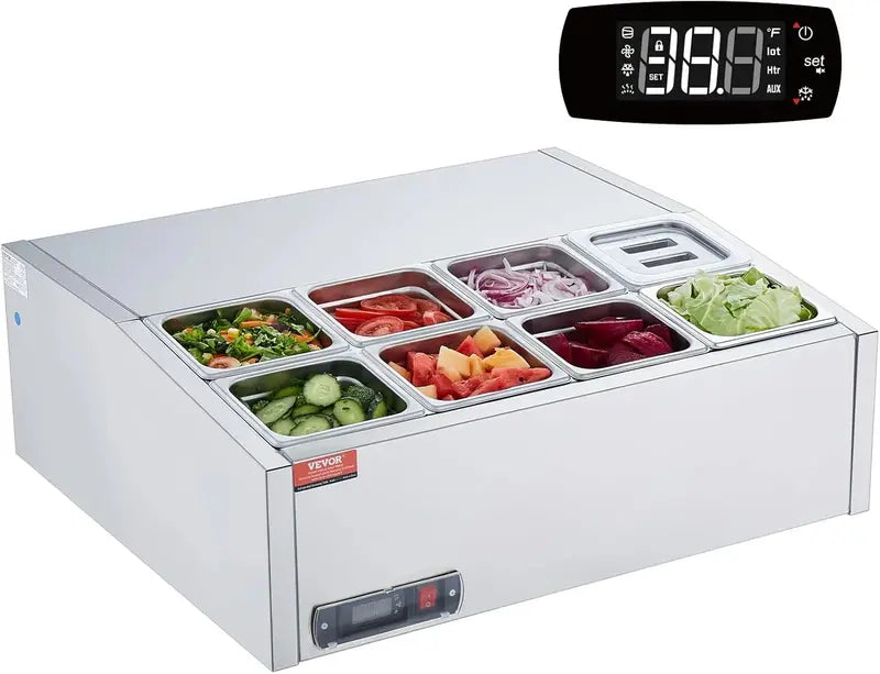 Countertop Refrigerated Condiment Prep Station  135W Sandwich Bar with Stainless Steel Body, Polycarbonate Lid, and 6 Pan Compartments