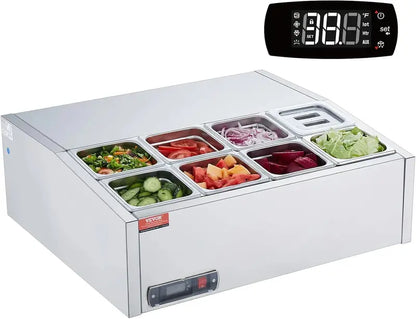 Countertop Refrigerated Condiment Prep Station  135W Sandwich Bar with Stainless Steel Body, Polycarbonate Lid, and 6 Pan Compartments