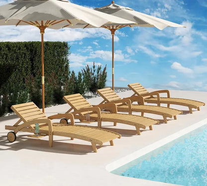Set of 4 Wooden Poolside Chaise Lounges  5-Position Adjustable Recliners with Pull-Out Side Tables, Patio or Deck Ready