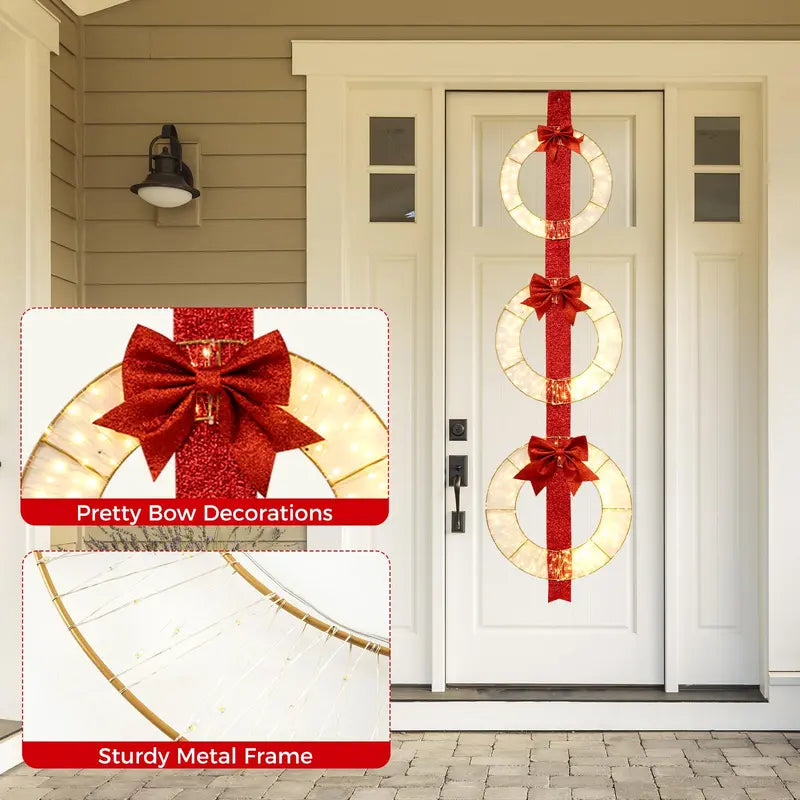 Set of Three 5.8-Foot Lighted Holiday Wreaths with 450 LEDs and Elegant Red Ribbon Accents