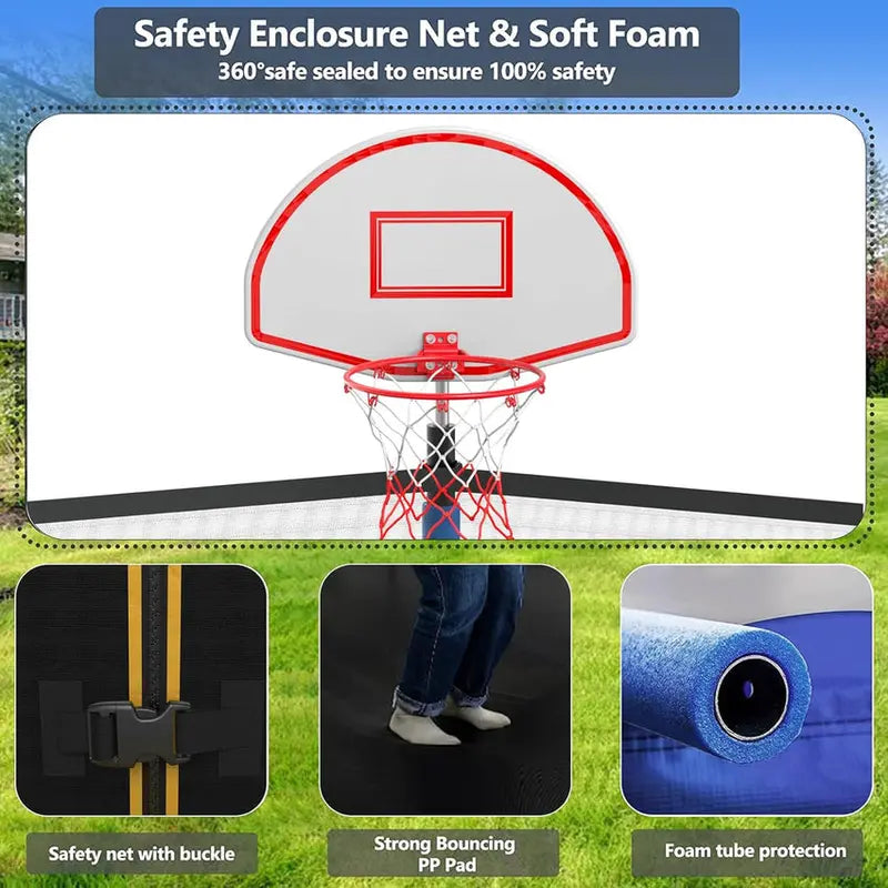 16-Foot Upgraded Trampoline with Enclosure Net and Adjustable Basketball Hoop
