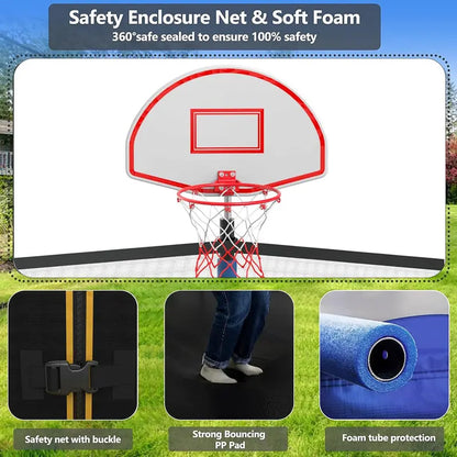 16-Foot Upgraded Trampoline with Enclosure Net and Adjustable Basketball Hoop