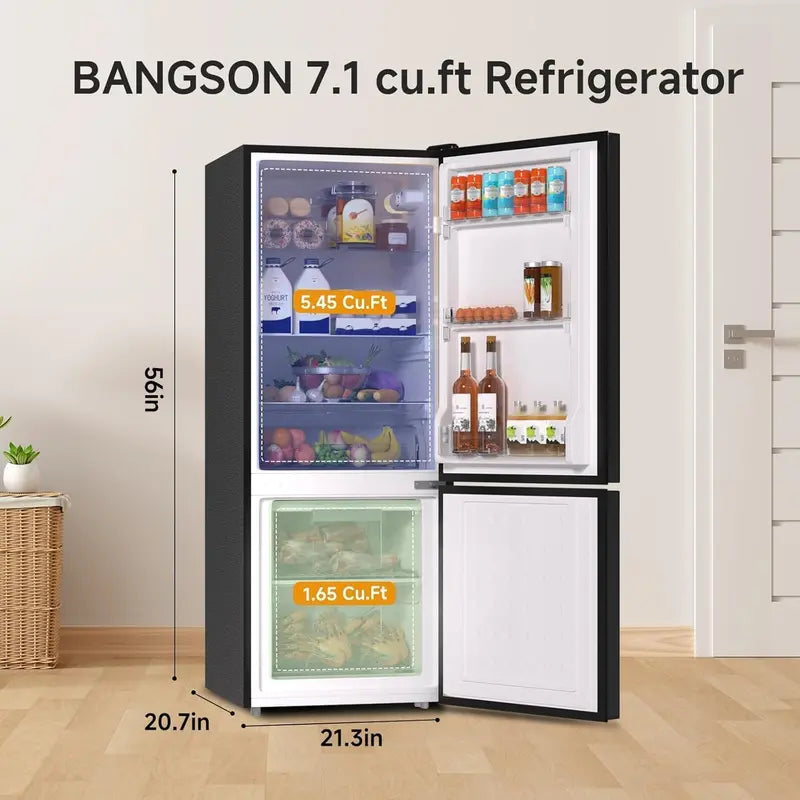 BANGSON 7.1 Cu.Ft Bottom-Freezer Refrigerator for Apartments  Compact Black Design