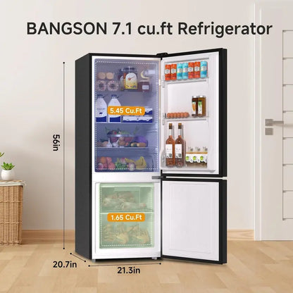 BANGSON 7.1 Cu.Ft Bottom-Freezer Refrigerator for Apartments  Compact Black Design