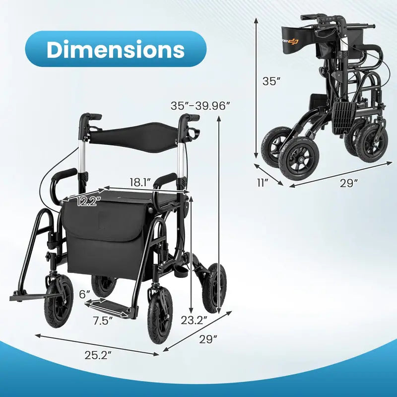Convertible Rollator Walker and Transport Wheelchair  Foldable Dual-Function Mobility Aid with Locking Brakes