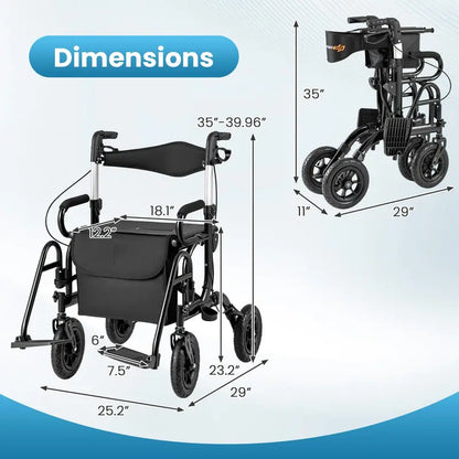 Convertible Rollator Walker and Transport Wheelchair  Foldable Dual-Function Mobility Aid with Locking Brakes