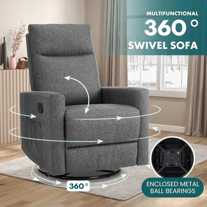 Extra-Large Swivel Rocking Recliner with Extended Footrest | High-Back Grey Upholstered Glider for Nurseries, Bedrooms, or Living Areas — Deep-Seat Comfort Design