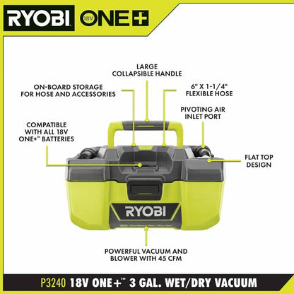 RYOBI ONE+ 18V 3 Gal. Project Wet/Dry Vacuum with Accessory Storage (Tool Only) P3240