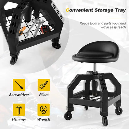Adjustable Swivel Mechanic Stool with Casters and Built-in Tool Tray