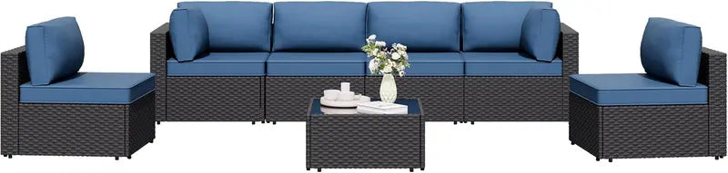 7-Piece Wicker Patio Sectional Sofa with Washable Cushions & Coffee Table for Outdoor Living