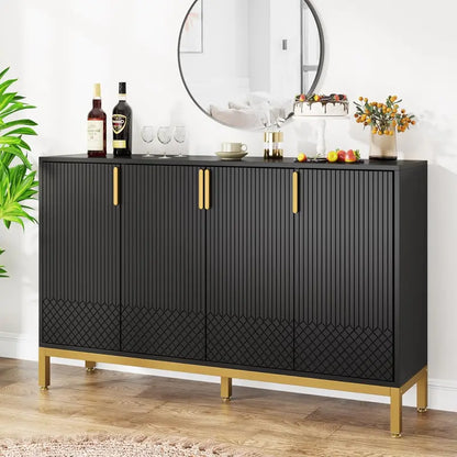 59-Inch Luxury Black-and-Gold Buffet Cabinet with 4 Doors, Coffee Bar Storage for Dining or Living Room