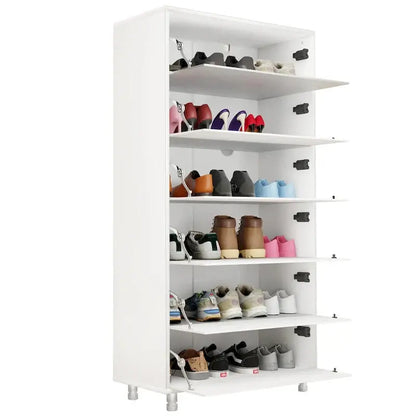 Mirror-Front Shoe Cabinet with Six Flip-Down Drawers  Space-Saving Organizer on Four Sturdy Metal Legs
