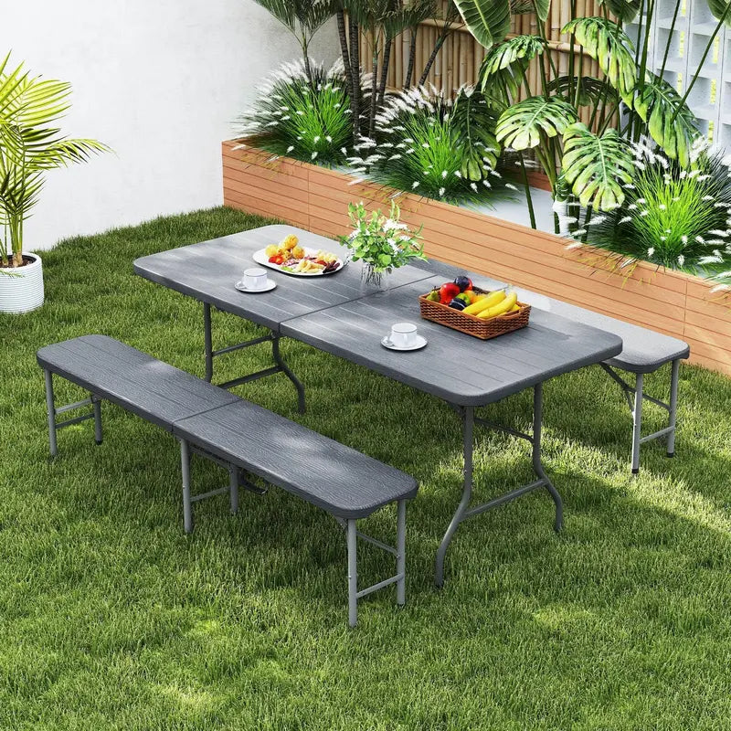 6-Foot Portable Picnic Set — HDPE Wood-Grain Folding Table & Benches (3-Piece)