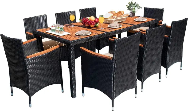 Devoko 7-Piece Rattan Patio Conversation Set — Acacia Wood Table Top and Woven Seating