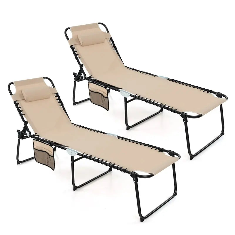 Adjustable Patio Chaise Lounge  Folding Recliner Chair with 4-Position Backrest, Side Pocket & Removable Headrest