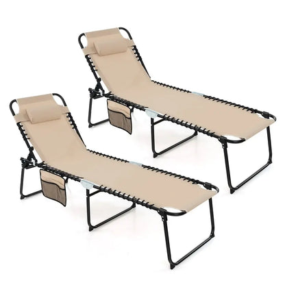 Adjustable Patio Chaise Lounge  Folding Recliner Chair with 4-Position Backrest, Side Pocket & Removable Headrest