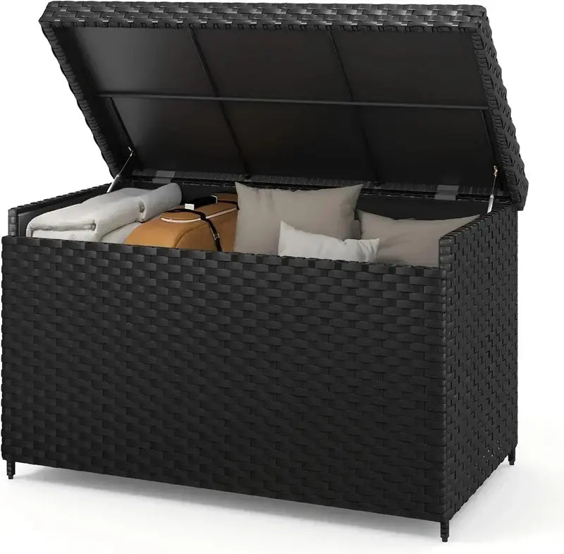 DWVO 70-Gallon Outdoor Storage Bench with Wicker Finish, Cushion & Composite Backrest