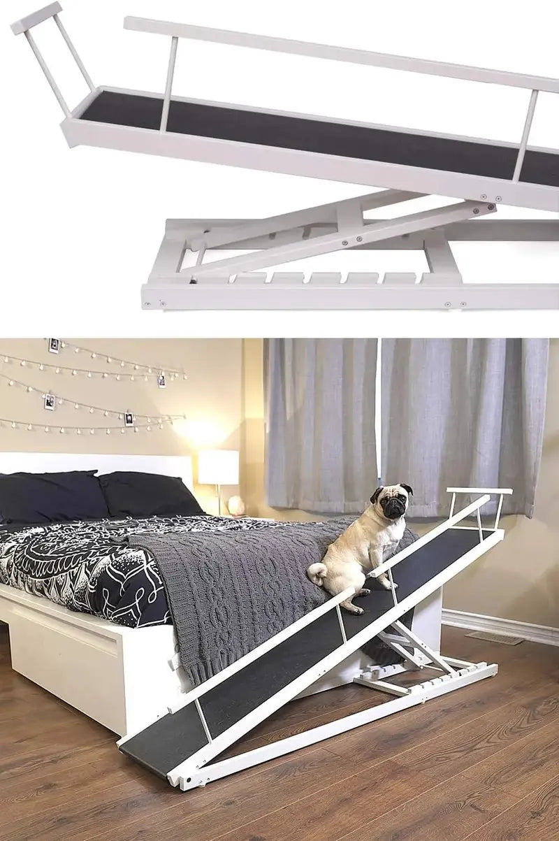 Dog Ramp for Beds  Height-Adjustable Pet Stair Alternative (up to 37″) with Safety Rails & Non-Slip Surface, Hardwood Construction, North America Made