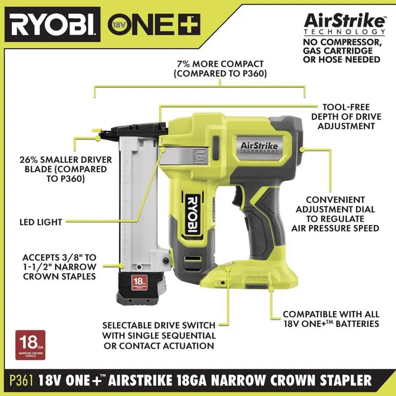 RYOBI ONE+ 18V 18-Gauge Cordless AirStrike Narrow Crown Stapler (Tool Only) P361