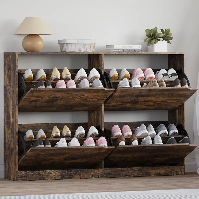 Discreet Freestanding Wood Shoe Cabinet with Three Concealed Flip Drawers