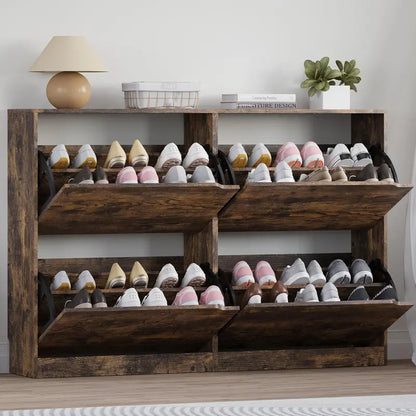 Discreet Freestanding Wood Shoe Cabinet with Three Concealed Flip Drawers