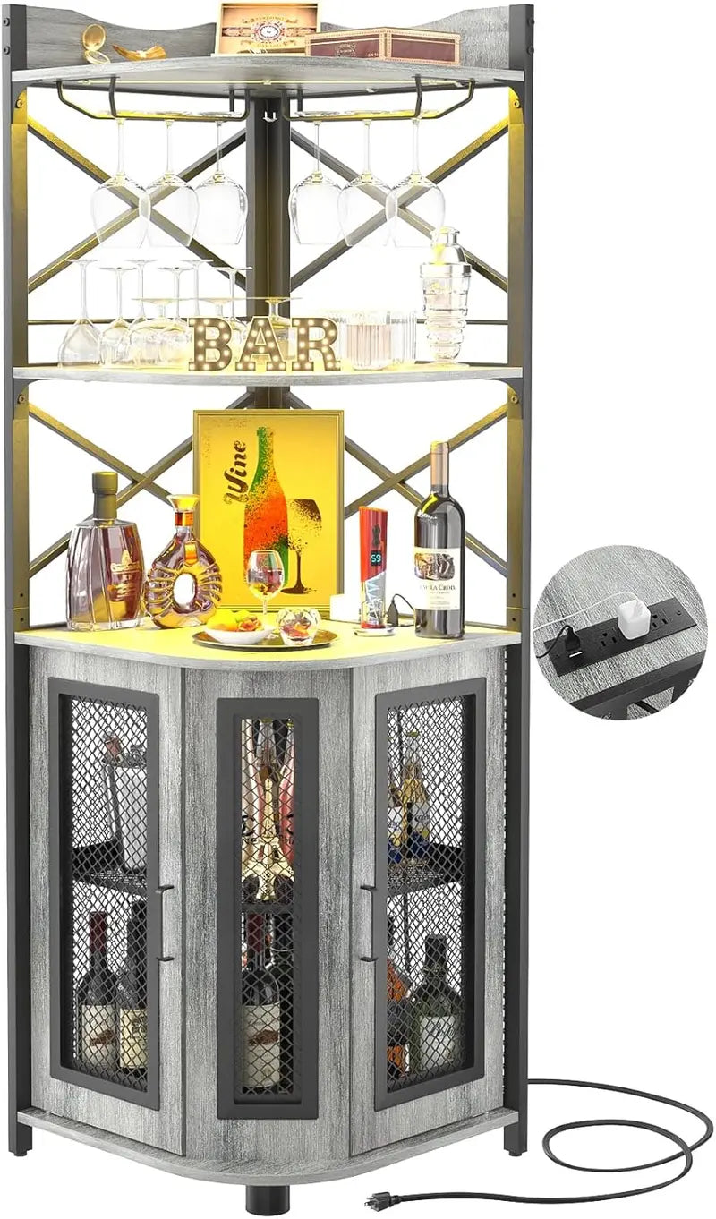 Aheaplus Industrial-Style Corner Bar Cabinet with LED Lighting, Power Outlet & Glass Rack  5-Tier White Oak Liquor Storage Unit for Compact Spaces