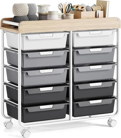 10-Drawer Rolling Craft Cart  Wooden Top Utility Organizer with Casters for Home, Office, or Classroom