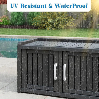 Kamaboko Waterproof Shoe Storage Cabinet  UV-Resistant Outdoor/Indoor Entryway Bench with Dual Barn Doors