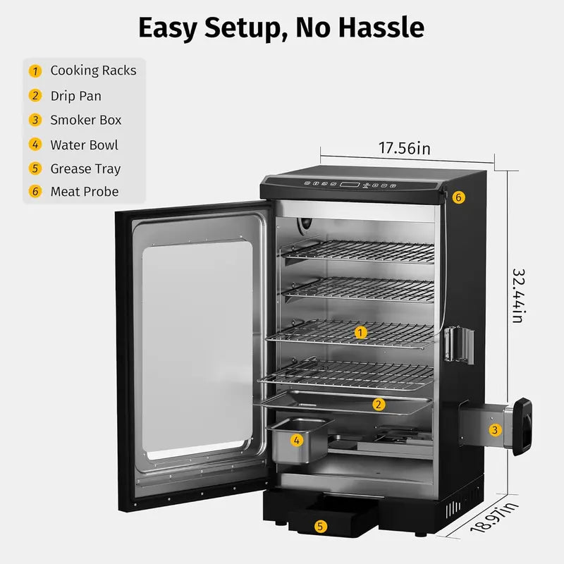 EAST OAK 30-Inch Electric Smoker  Built-in Meat Probe, Side Loader, Extended 6-Hour Smoke Cycle