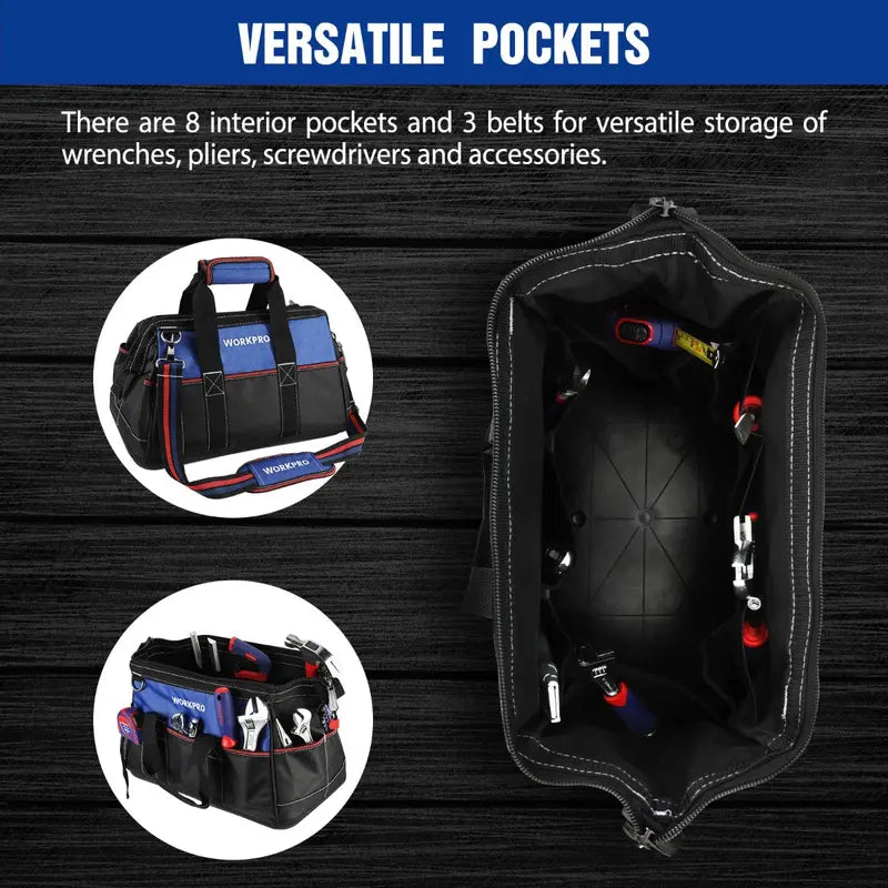 WORKPRO 16-Inch Heavy-Duty Wide-Mouth Tool Bag  Waterproof Molded Base & Adjustable Shoulder Strap